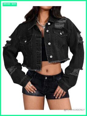 Cropped Denim Jacket Ripped Raw Hem Button Down Jean Jacket